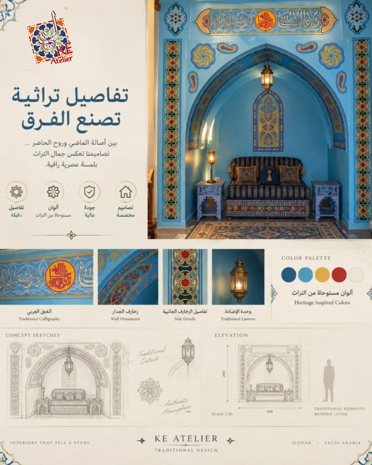 KE Atelier poster — Seating under a decorated blue arch with drawings and colour details